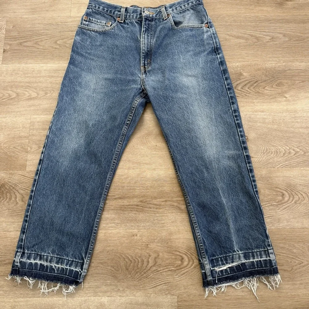 Vintage Y2K Levis 505 Distressed Cutoff Raw Hem Jeans Tag 34x30 Fits 32x26 Blue